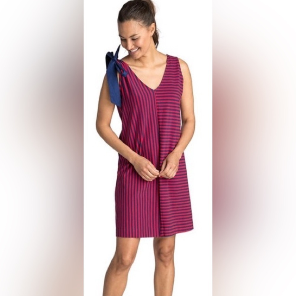 Vineyard Vines Sz Med Red & Navy Stripe One Shoulder Bow Dress 100% Cotton - Picture 2 of 12